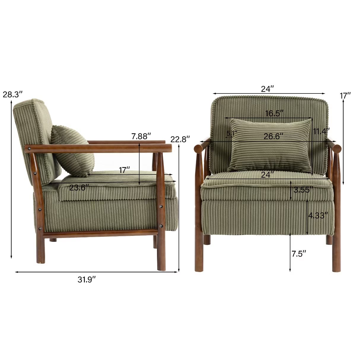 Mid-Century Corduroy Accent Chair with Hidden Storage & Lumbar Pillow