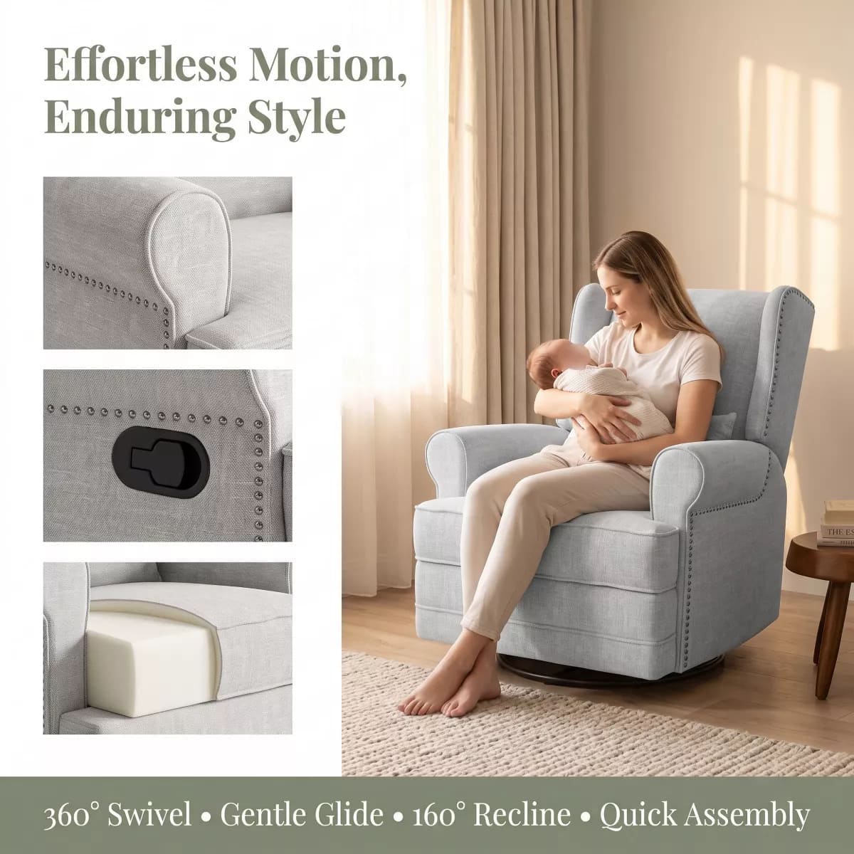 Glider Rocking Chair with 360° Swivel, Footrest & Lumbar Pillow