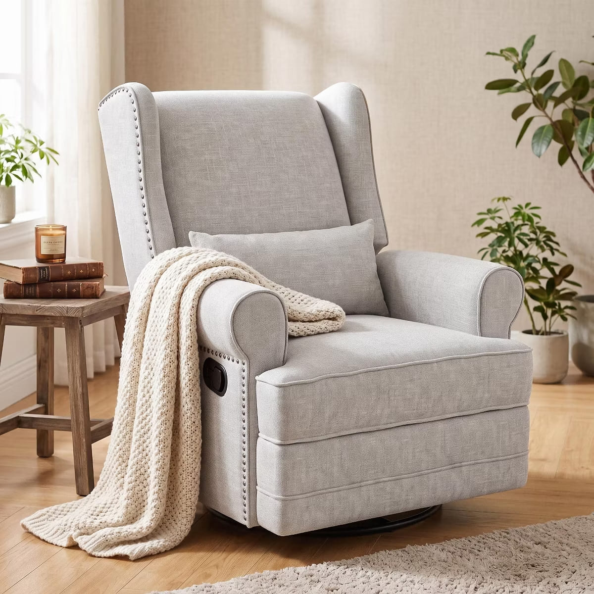 Glider Rocking Chair with 360° Swivel, Footrest & Lumbar Pillow