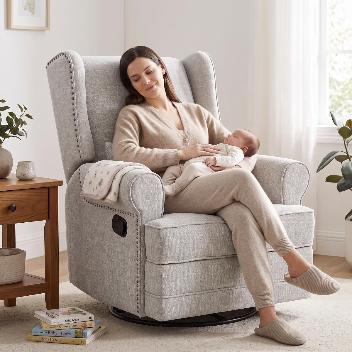 Glider Rocking Chair with 360° Swivel, Footrest & Lumbar Pillow