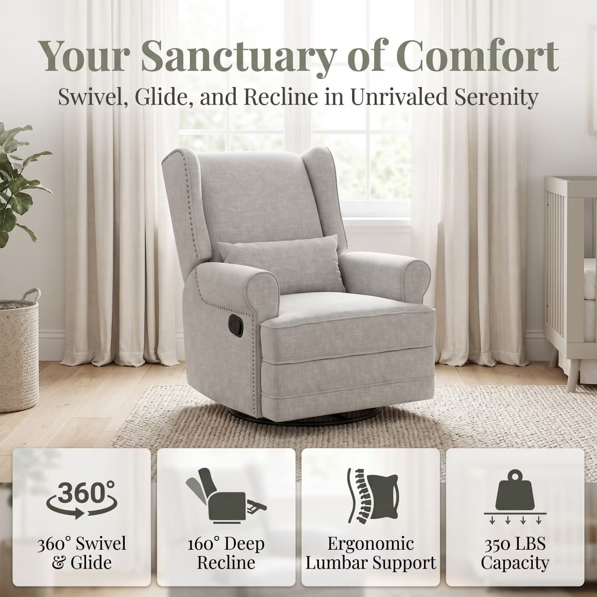 Glider Rocking Chair with 360° Swivel, Footrest & Lumbar Pillow