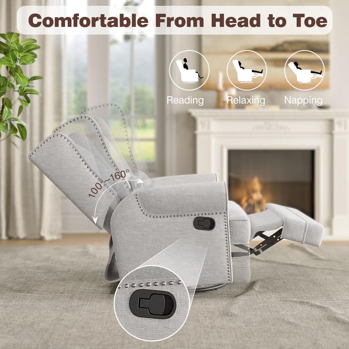 Glider Rocking Chair with 360° Swivel, Footrest & Lumbar Pillow