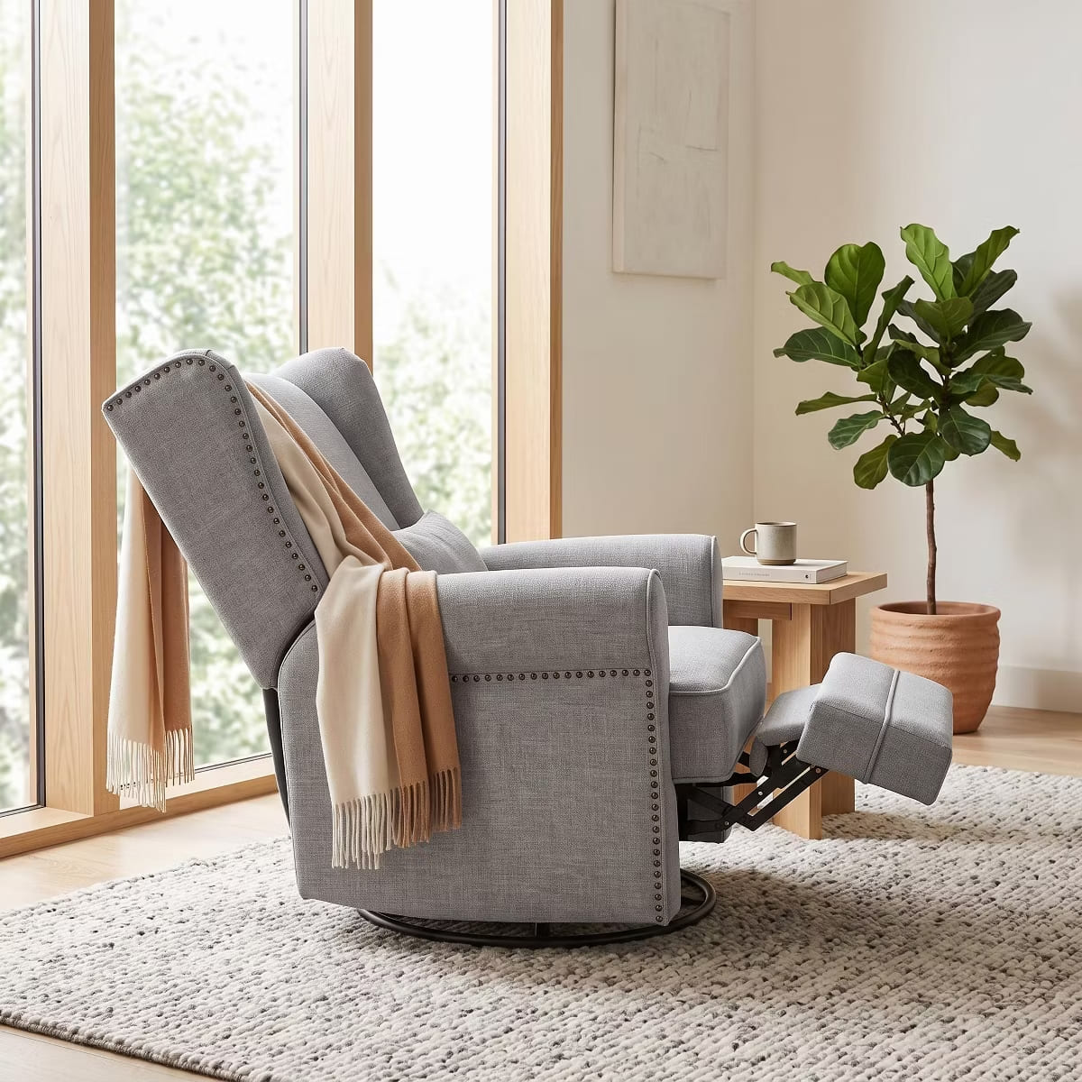 Glider Rocking Chair with 360° Swivel, Footrest & Lumbar Pillow