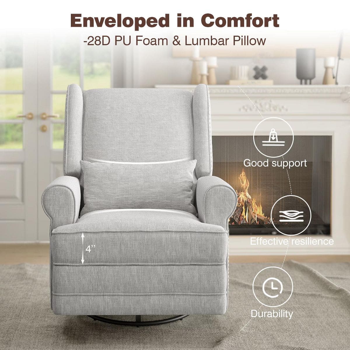 Glider Rocking Chair with 360° Swivel, Footrest & Lumbar Pillow