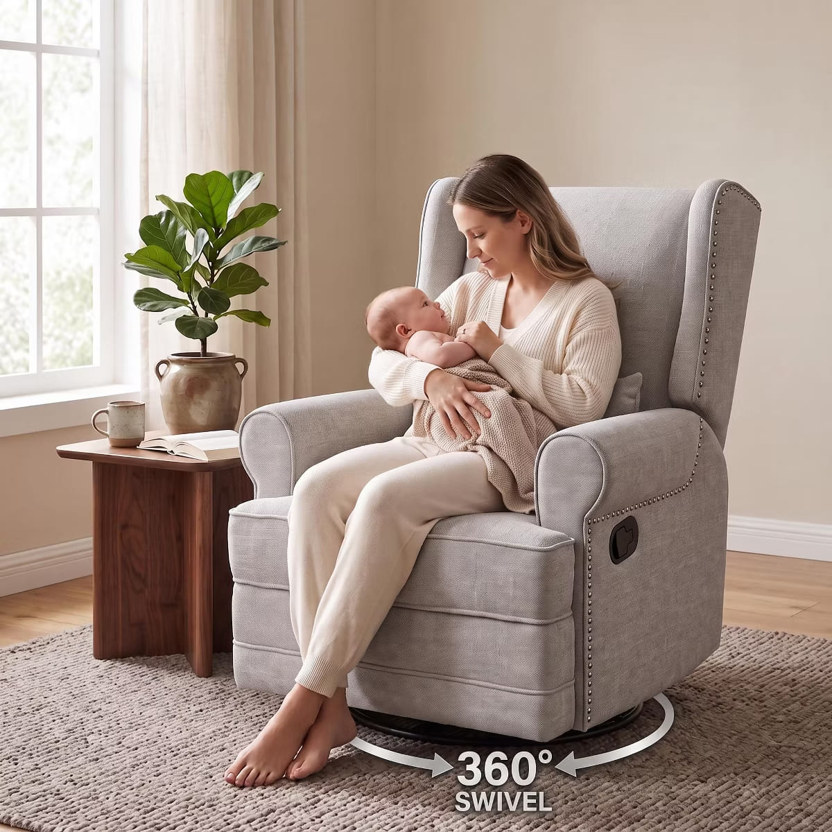 Glider Rocking Chair with 360° Swivel, Footrest & Lumbar Pillow