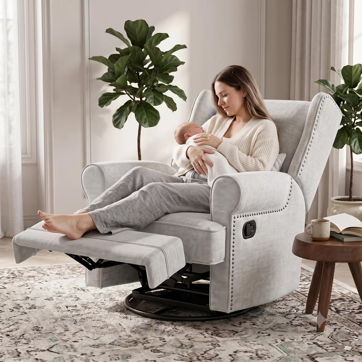 Glider Rocking Chair with 360° Swivel, Footrest & Lumbar Pillow