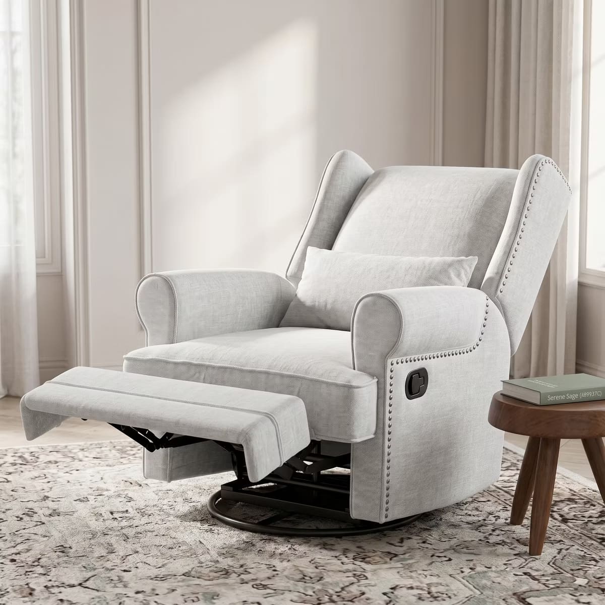 Glider Rocking Chair with 360° Swivel, Footrest & Lumbar Pillow