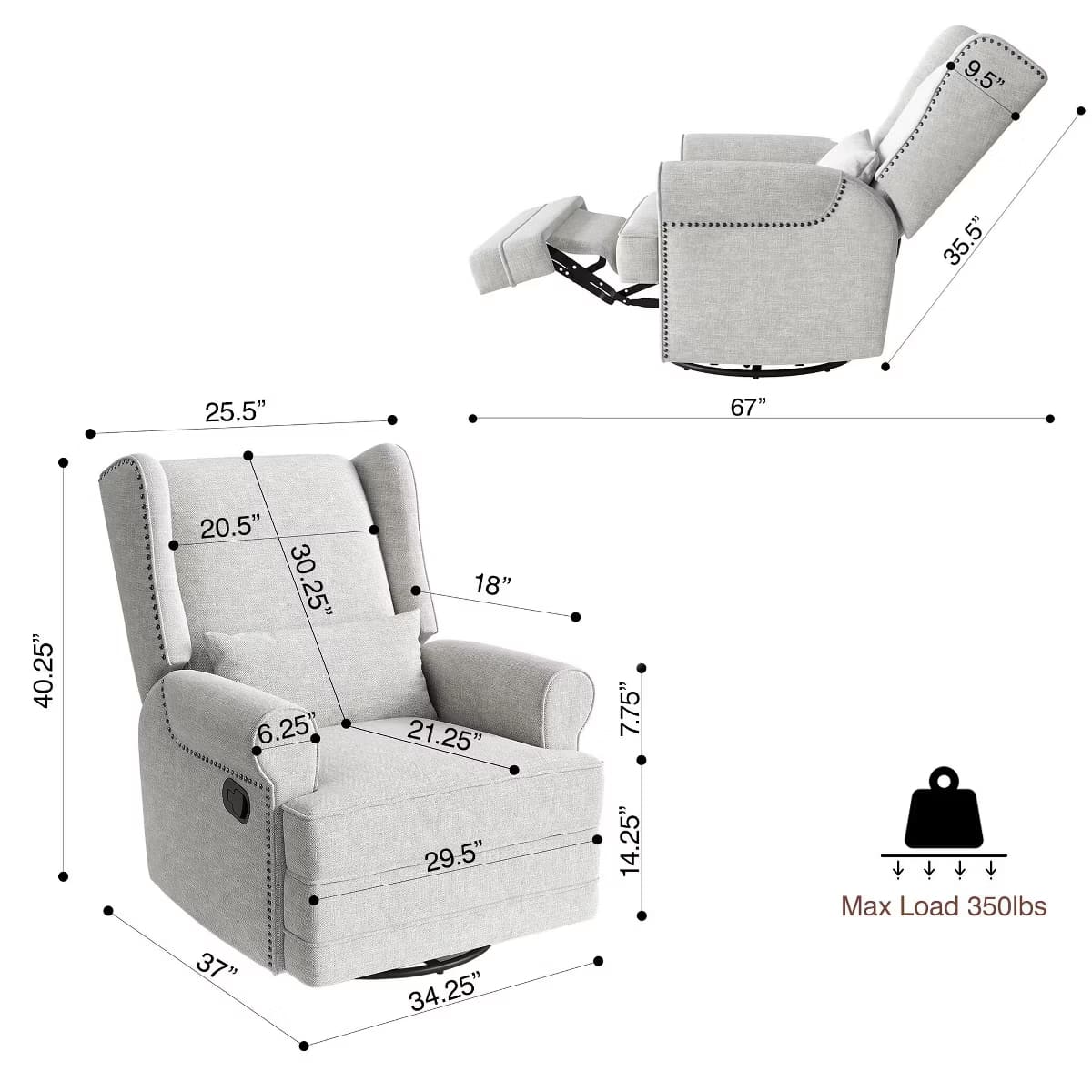 Glider Rocking Chair with 360° Swivel, Footrest & Lumbar Pillow