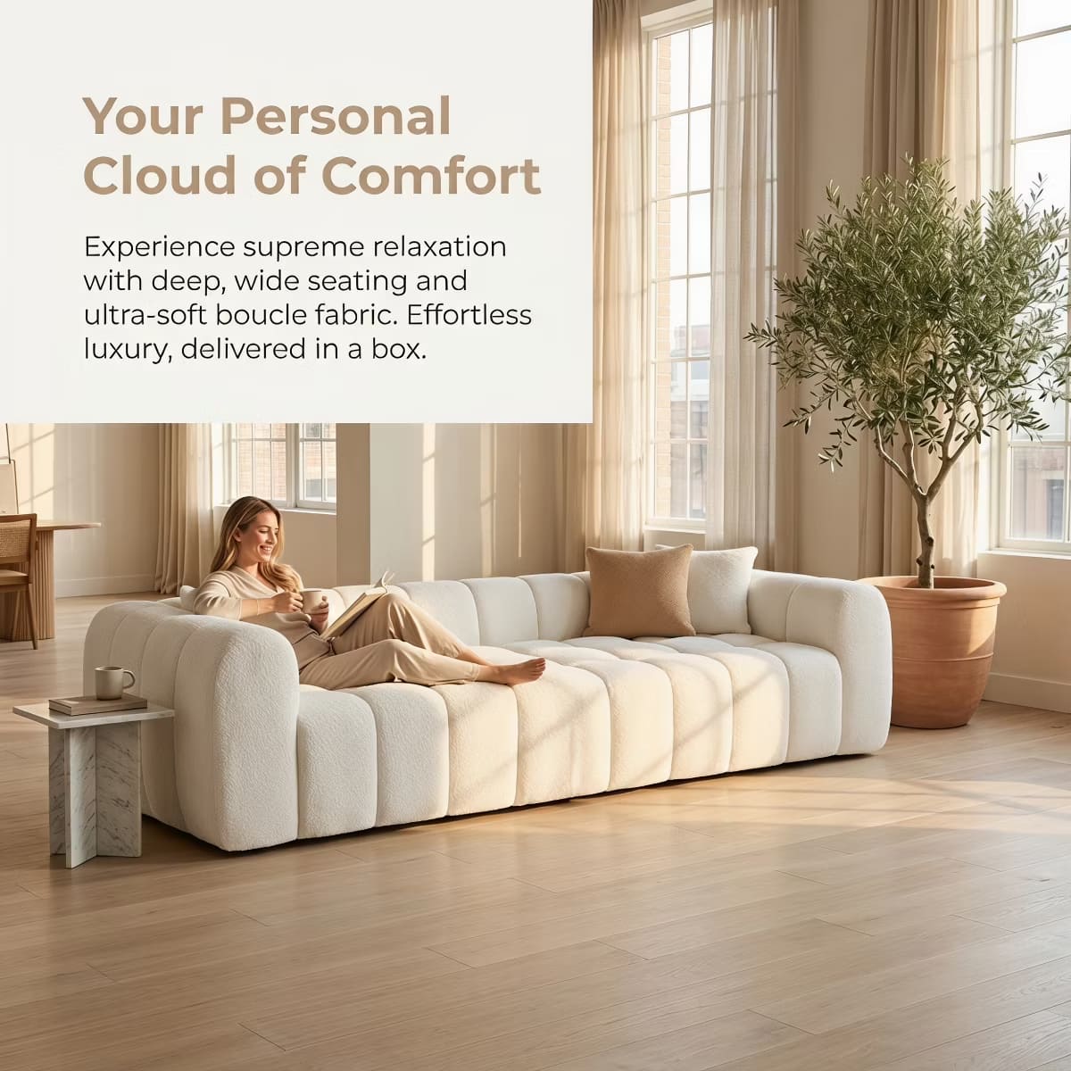Marshmallow Cloud Sofa with Deep Seats, Boucle Upholstery & 1200-Lb Capacity
