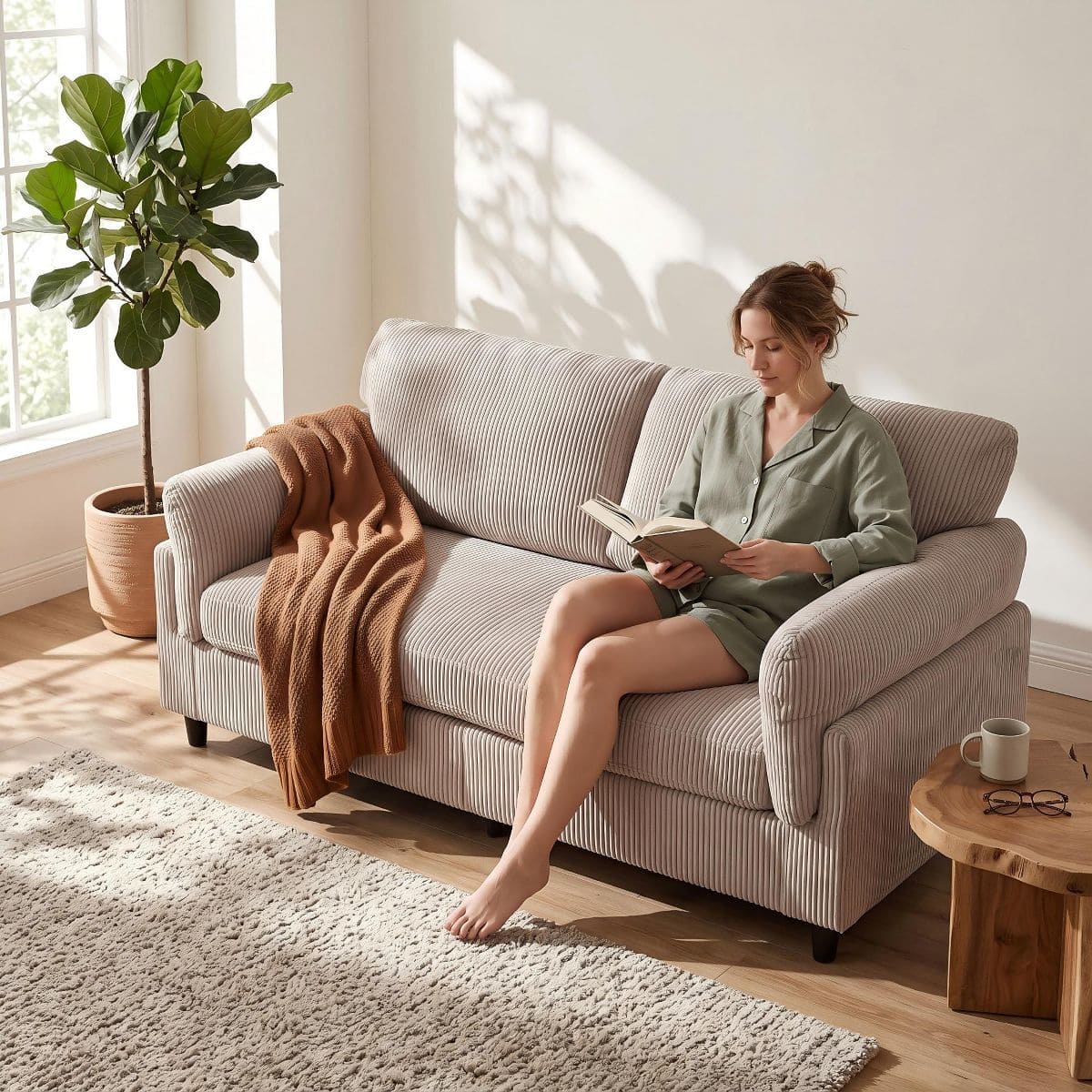 Corduroy Loveseat Sofa with Solid Wood Frame & 850-Lb Capacity