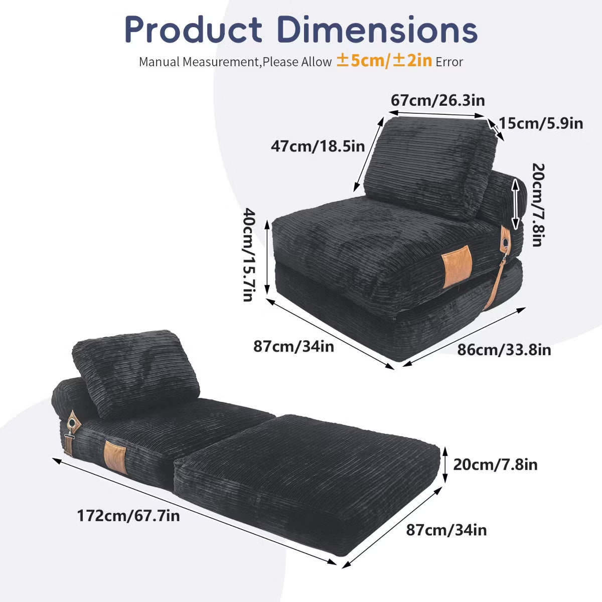 Convertible Sleeper Chair, 3-in-1 Corduroy Fold-Out Guest Bed for Small Spaces