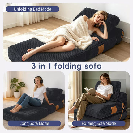 Convertible Sleeper Chair, 3-in-1 Corduroy Fold-Out Guest Bed for Small Spaces