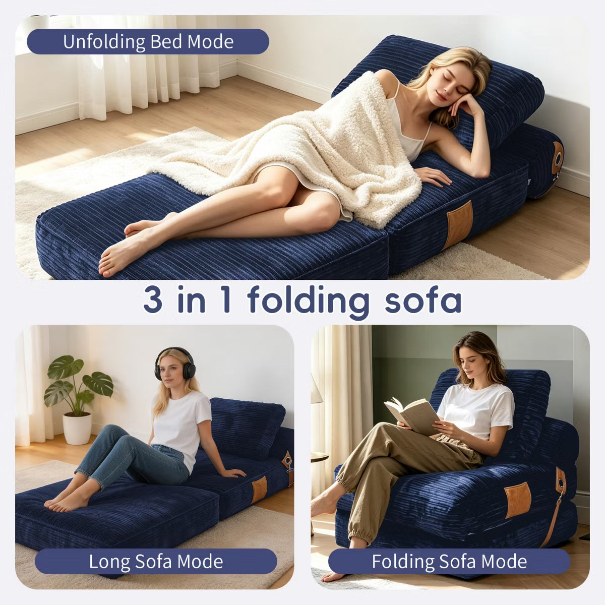 Convertible Sleeper Chair, 3-in-1 Corduroy Fold-Out Guest Bed for Small Spaces