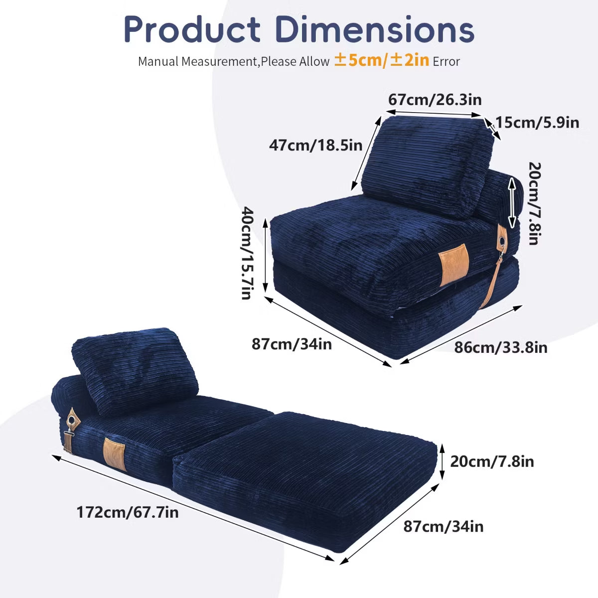 Convertible Sleeper Chair, 3-in-1 Corduroy Fold-Out Guest Bed for Small Spaces