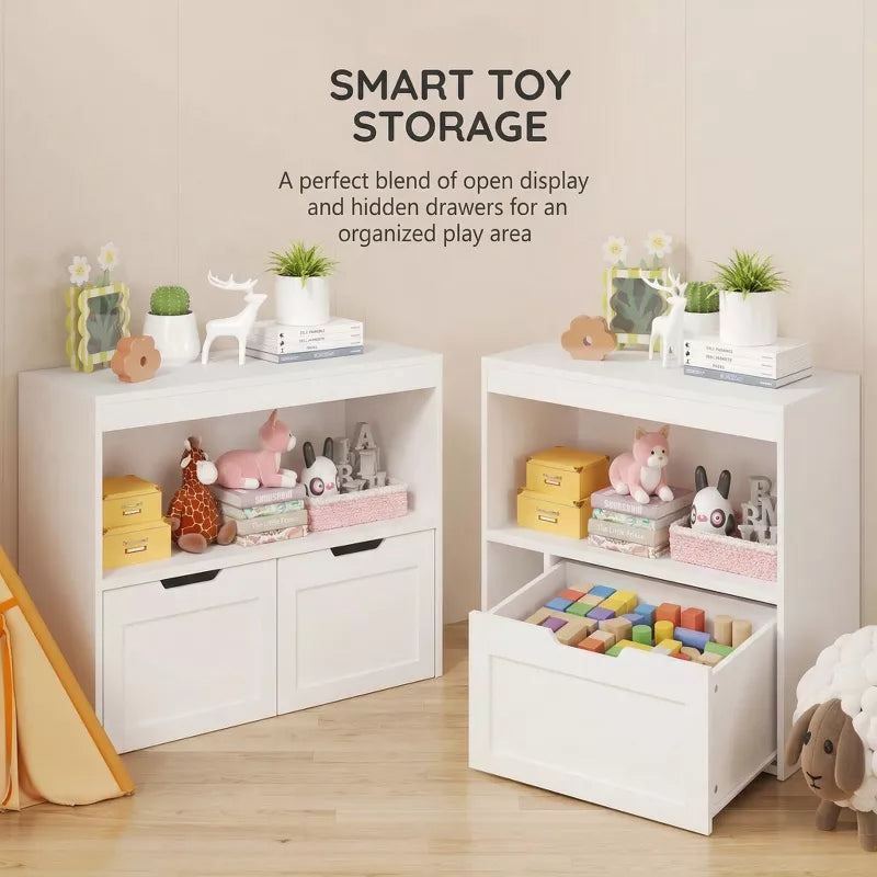 White Kids Storage Organizer: 2-in-1 Playroom Toy Cabinet & Bookcase