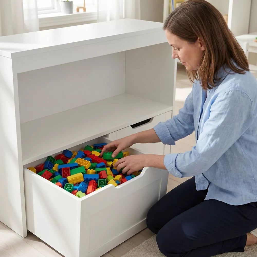 White Kids Storage Organizer: 2-in-1 Playroom Toy Cabinet & Bookcase