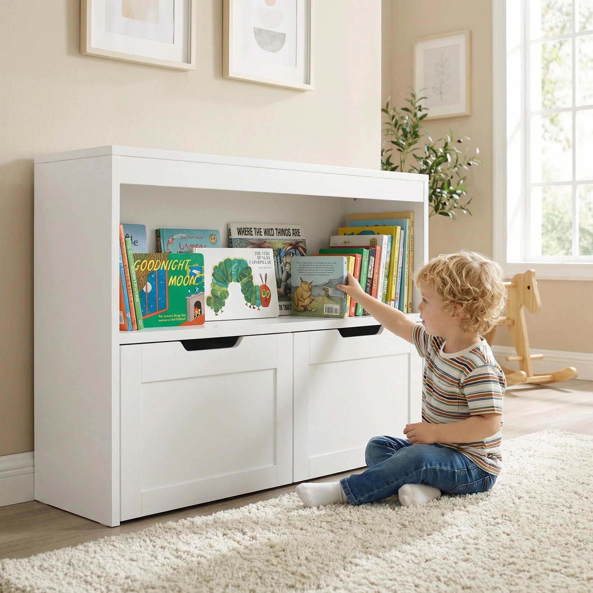 White Kids Storage Organizer: 2-in-1 Playroom Toy Cabinet & Bookcase