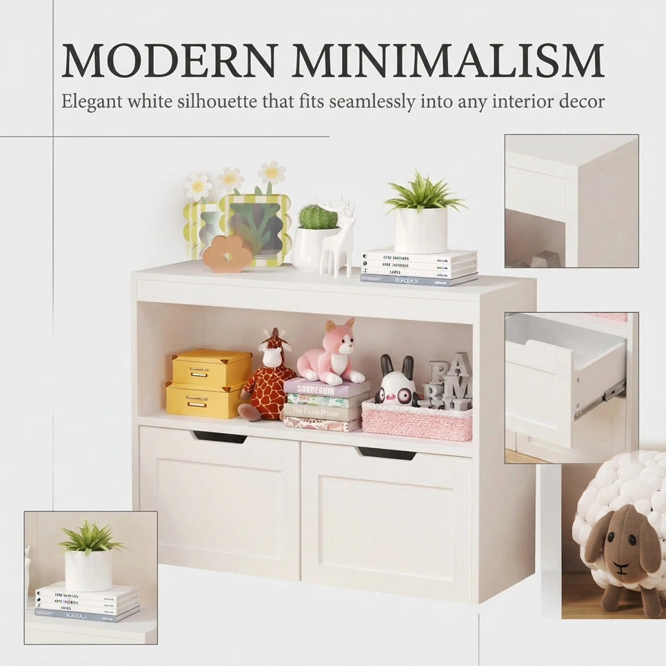White Kids Storage Organizer: 2-in-1 Playroom Toy Cabinet & Bookcase