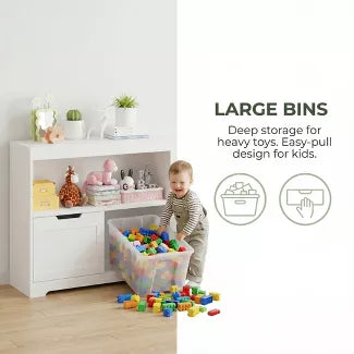 White Kids Storage Organizer: 2-in-1 Playroom Toy Cabinet & Bookcase