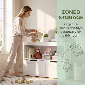 White Kids Storage Organizer: 2-in-1 Playroom Toy Cabinet & Bookcase