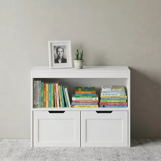 White Kids Storage Organizer: 2-in-1 Playroom Toy Cabinet & Bookcase
