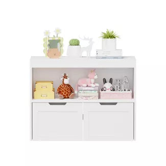 White Kids Storage Organizer: 2-in-1 Playroom Toy Cabinet & Bookcase