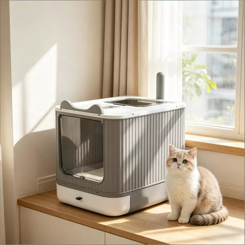 Cat Litter Box with Slide-Out Tray, Top Exit Odor Control for Small Cats