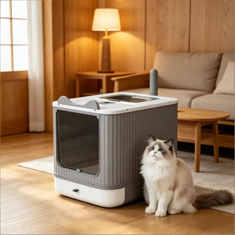 Cat Litter Box with Slide-Out Tray, Top Exit Odor Control for Small Cats