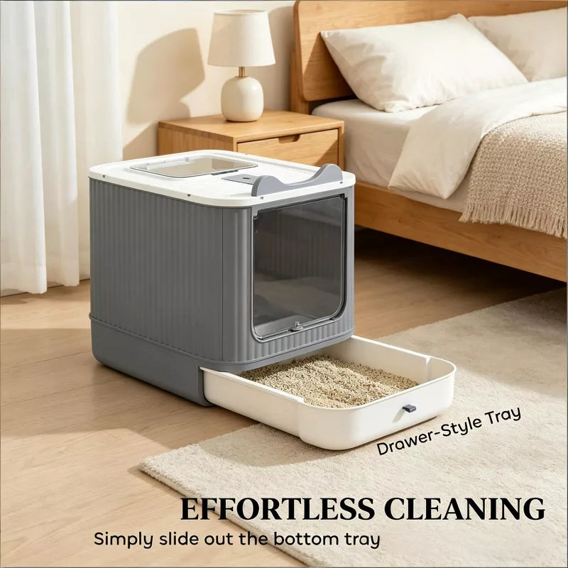 Cat Litter Box with Slide-Out Tray, Top Exit Odor Control for Small Cats
