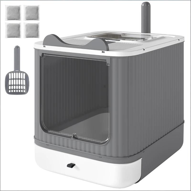 Cat Litter Box with Slide-Out Tray, Top Exit Odor Control for Small Cats