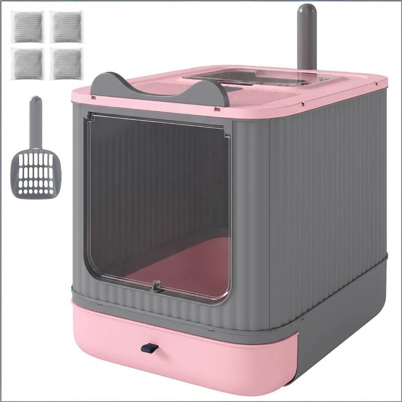 Cat Litter Box with Slide-Out Tray, Top Exit Odor Control for Small Cats