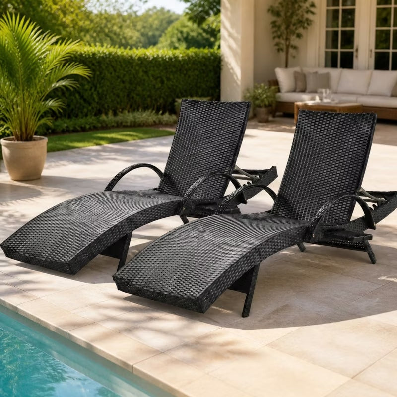 2-Piece 80" Outdoor Wicker Chaise Lounge Chairs with Pull-Out Table, 5-Level Recline