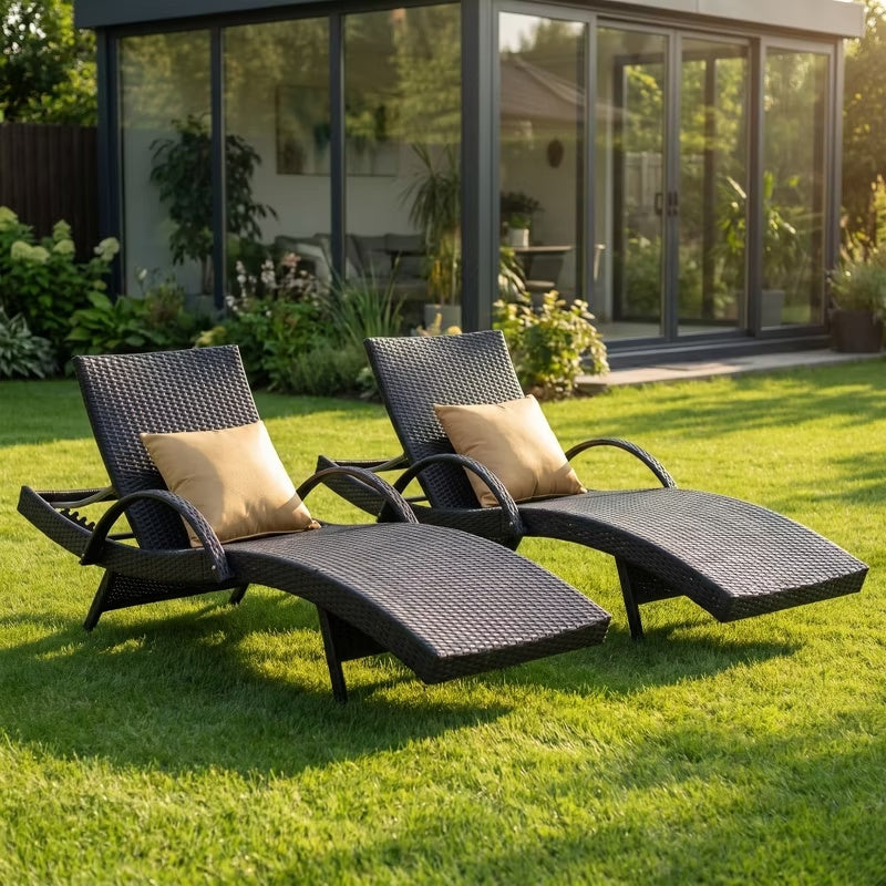 2-Piece 80" Outdoor Wicker Chaise Lounge Chairs with Pull-Out Table, 5-Level Recline