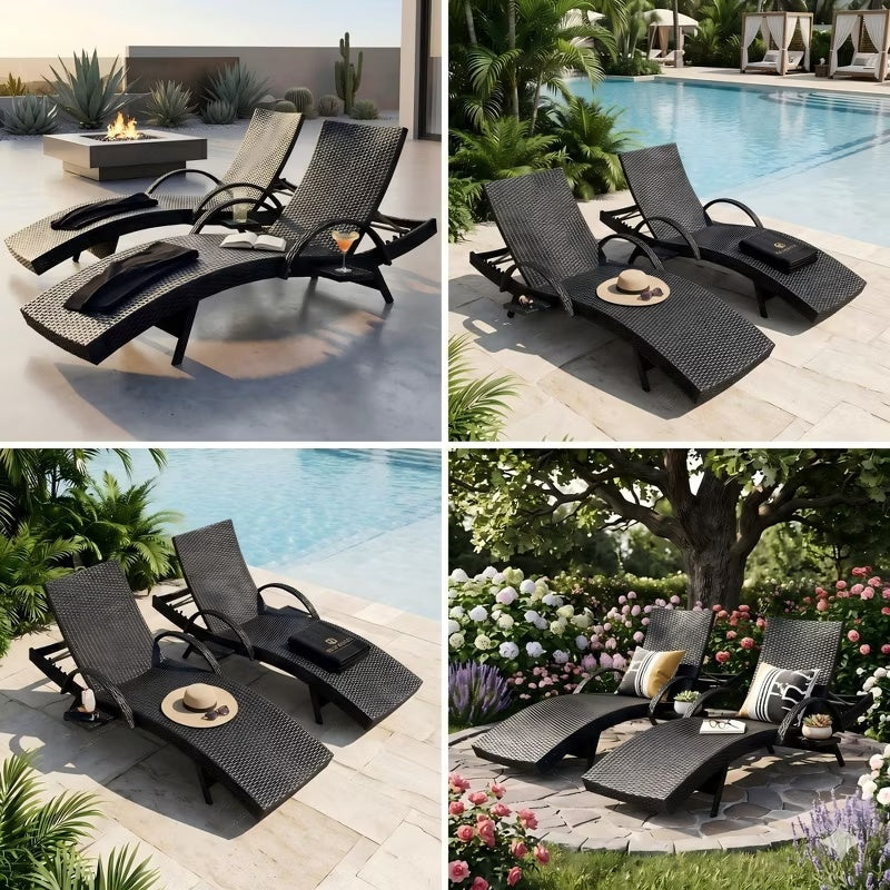 2-Piece 80" Outdoor Wicker Chaise Lounge Chairs with Pull-Out Table, 5-Level Recline