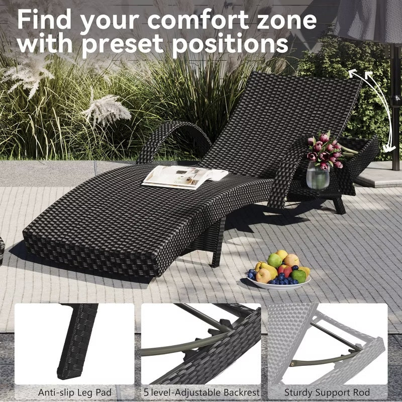 2-Piece 80" Outdoor Wicker Chaise Lounge Chairs with Pull-Out Table, 5-Level Recline