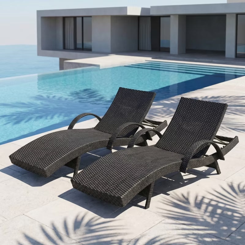 2-Piece 80" Outdoor Wicker Chaise Lounge Chairs with Pull-Out Table, 5-Level Recline