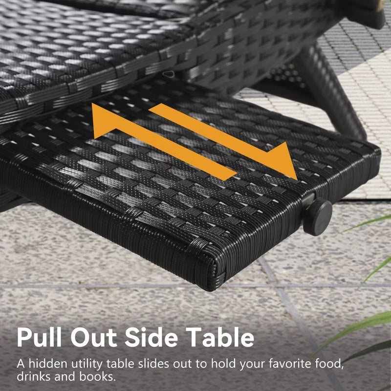 2-Piece 80" Outdoor Wicker Chaise Lounge Chairs with Pull-Out Table, 5-Level Recline