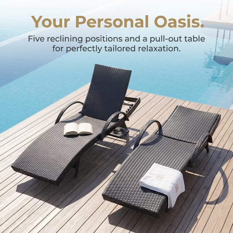 2-Piece 80" Outdoor Wicker Chaise Lounge Chairs with Pull-Out Table, 5-Level Recline