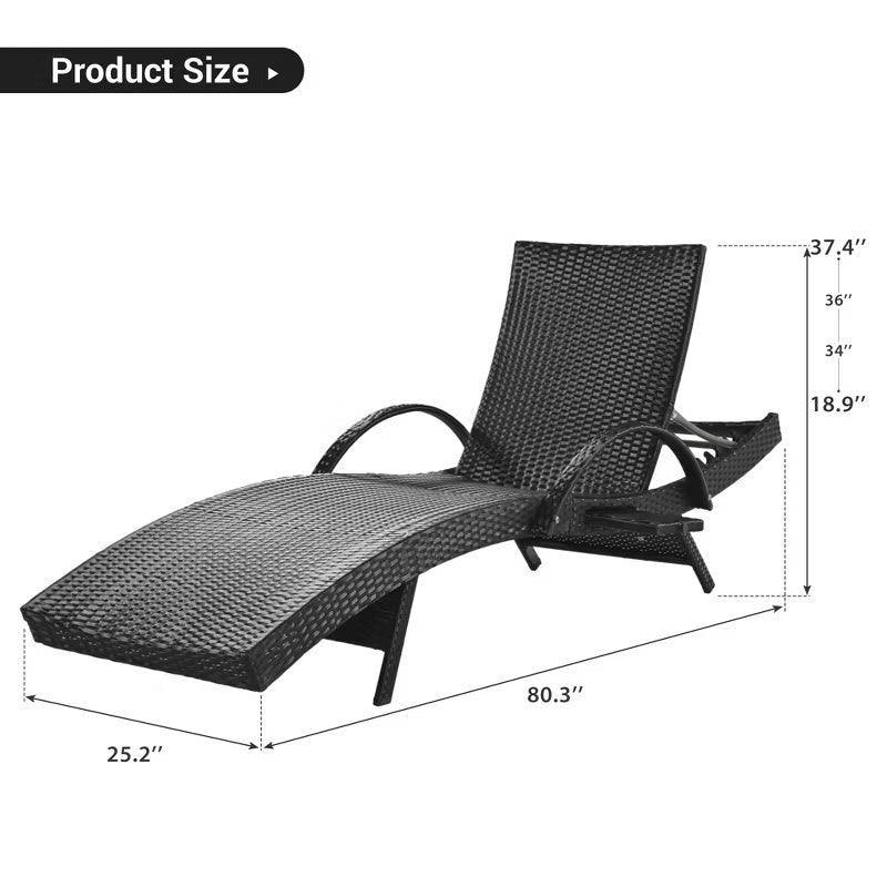 2-Piece 80" Outdoor Wicker Chaise Lounge Chairs with Pull-Out Table, 5-Level Recline