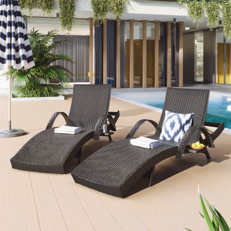 2-Piece 80" Outdoor Wicker Chaise Lounge Chairs with Pull-Out Table, 5-Level Recline