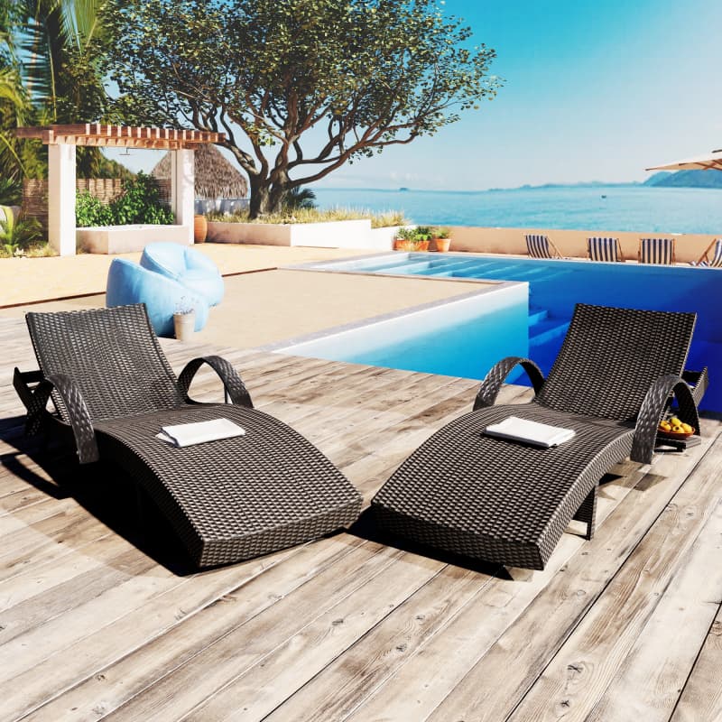 2-Piece 80" Outdoor Wicker Chaise Lounge Chairs with Pull-Out Table, 5-Level Recline
