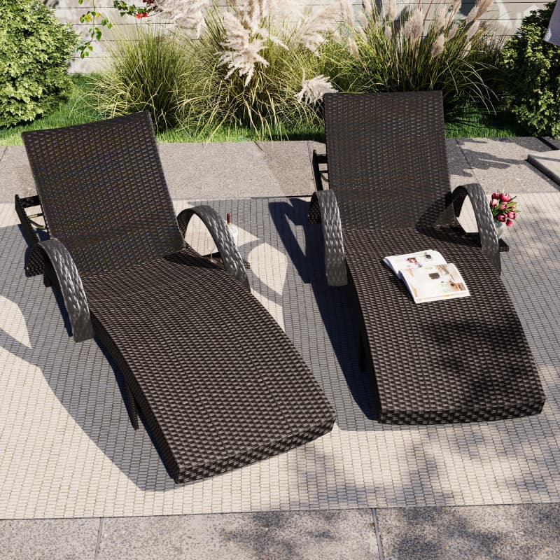 2-Piece 80" Outdoor Wicker Chaise Lounge Chairs with Pull-Out Table, 5-Level Recline