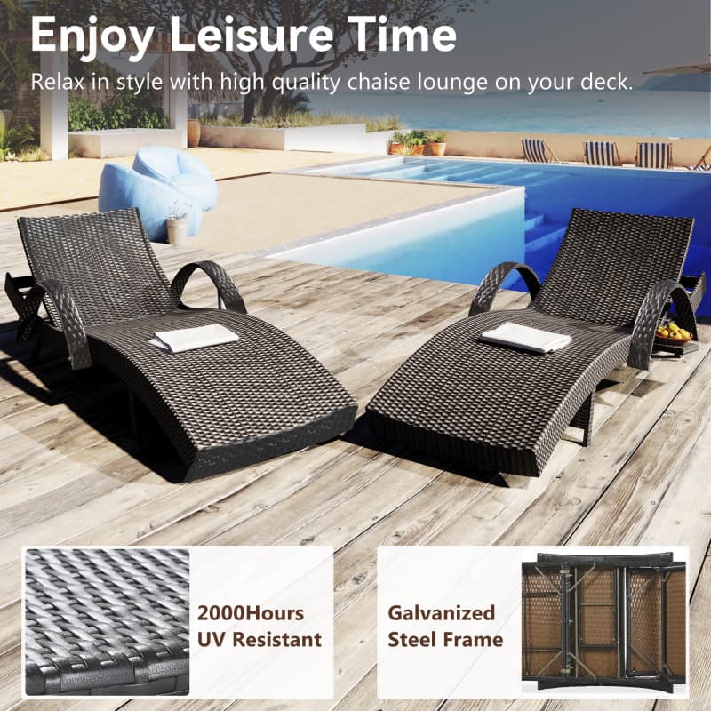 2-Piece 80" Outdoor Wicker Chaise Lounge Chairs with Pull-Out Table, 5-Level Recline