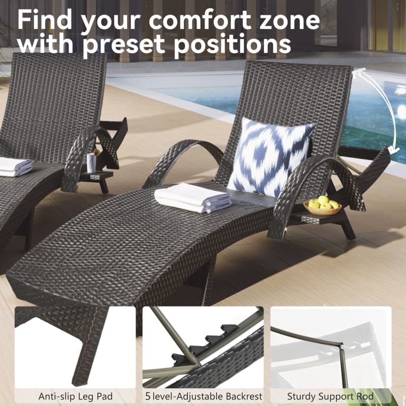 2-Piece 80" Outdoor Wicker Chaise Lounge Chairs with Pull-Out Table, 5-Level Recline