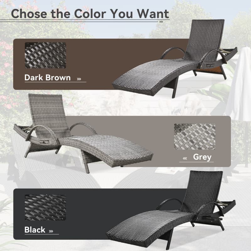 2-Piece 80" Outdoor Wicker Chaise Lounge Chairs with Pull-Out Table, 5-Level Recline