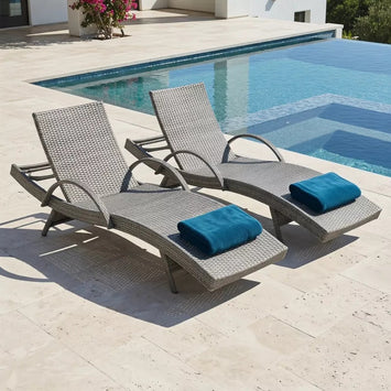 2-Piece 80" Outdoor Wicker Chaise Lounge Chairs with Pull-Out Table, 5-Level Recline