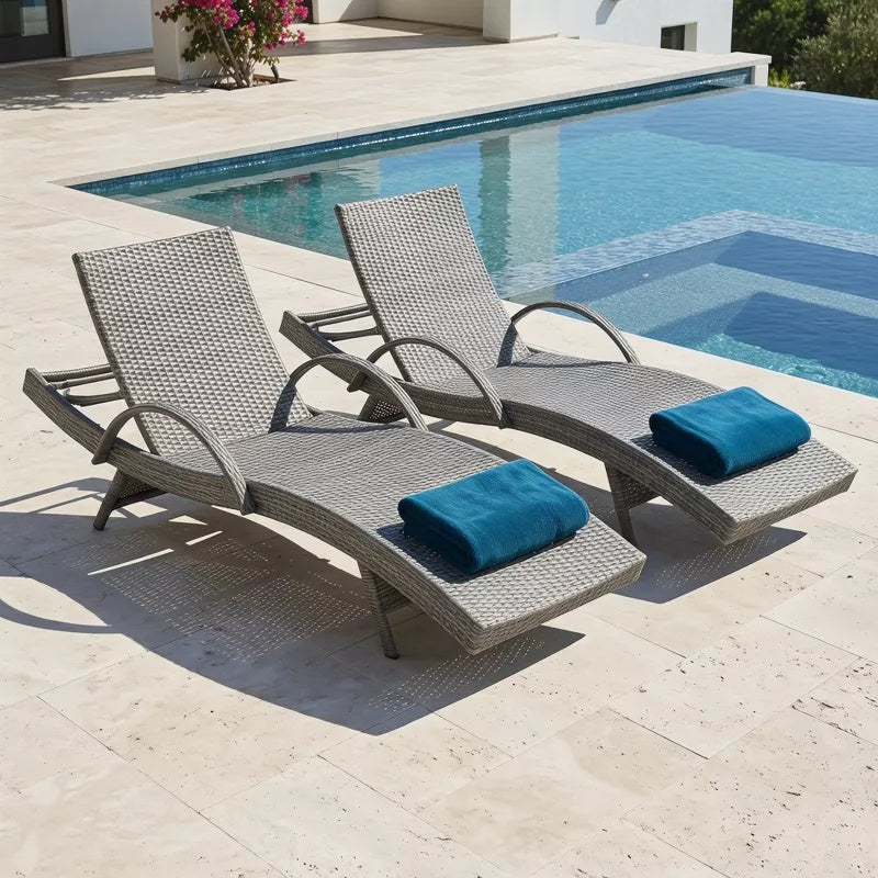 2-Piece 80" Outdoor Wicker Chaise Lounge Chairs with Pull-Out Table, 5-Level Recline