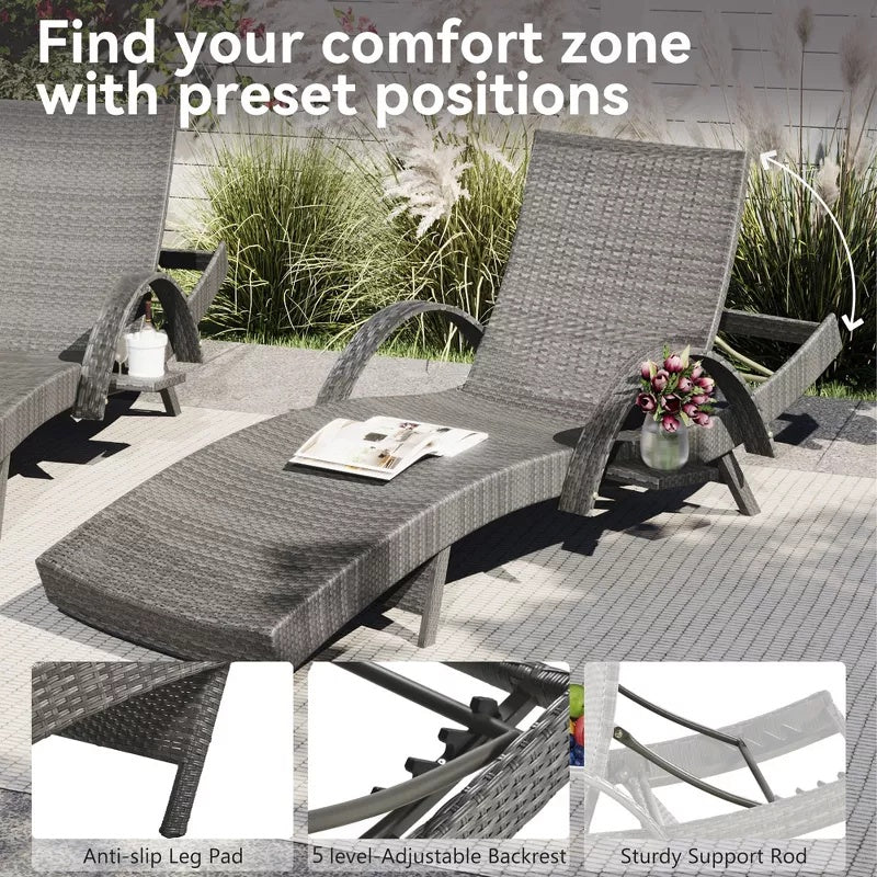 2-Piece 80" Outdoor Wicker Chaise Lounge Chairs with Pull-Out Table, 5-Level Recline