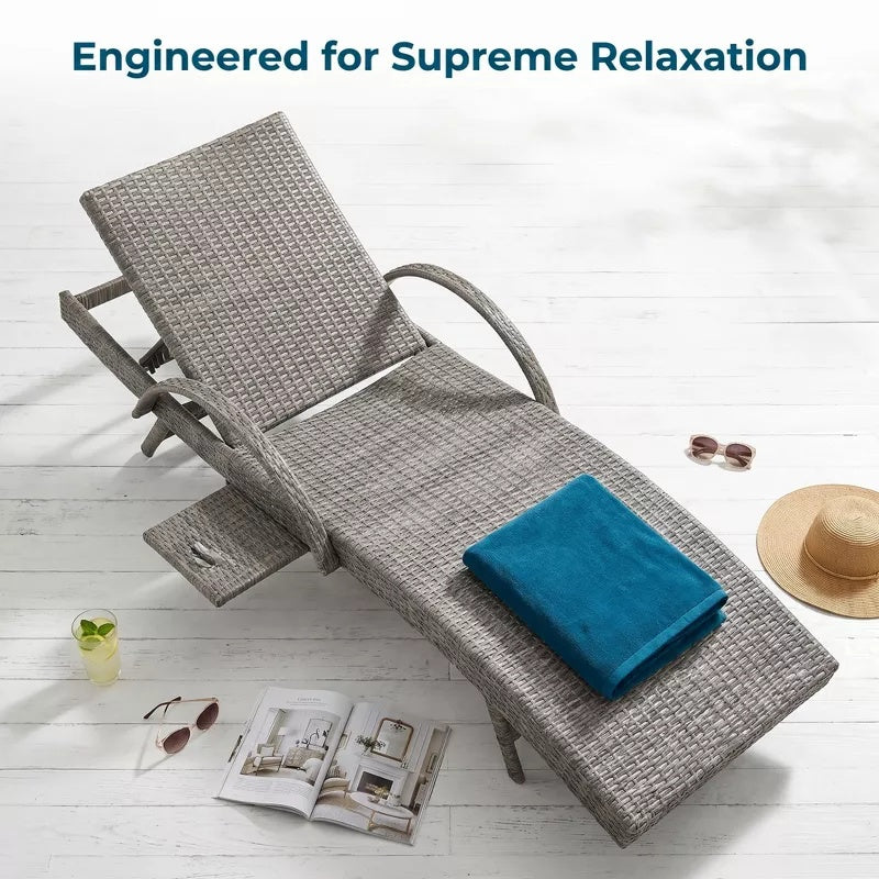 2-Piece 80" Outdoor Wicker Chaise Lounge Chairs with Pull-Out Table, 5-Level Recline
