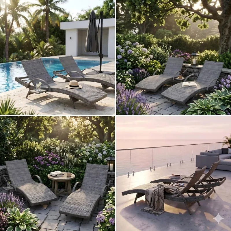 2-Piece 80" Outdoor Wicker Chaise Lounge Chairs with Pull-Out Table, 5-Level Recline
